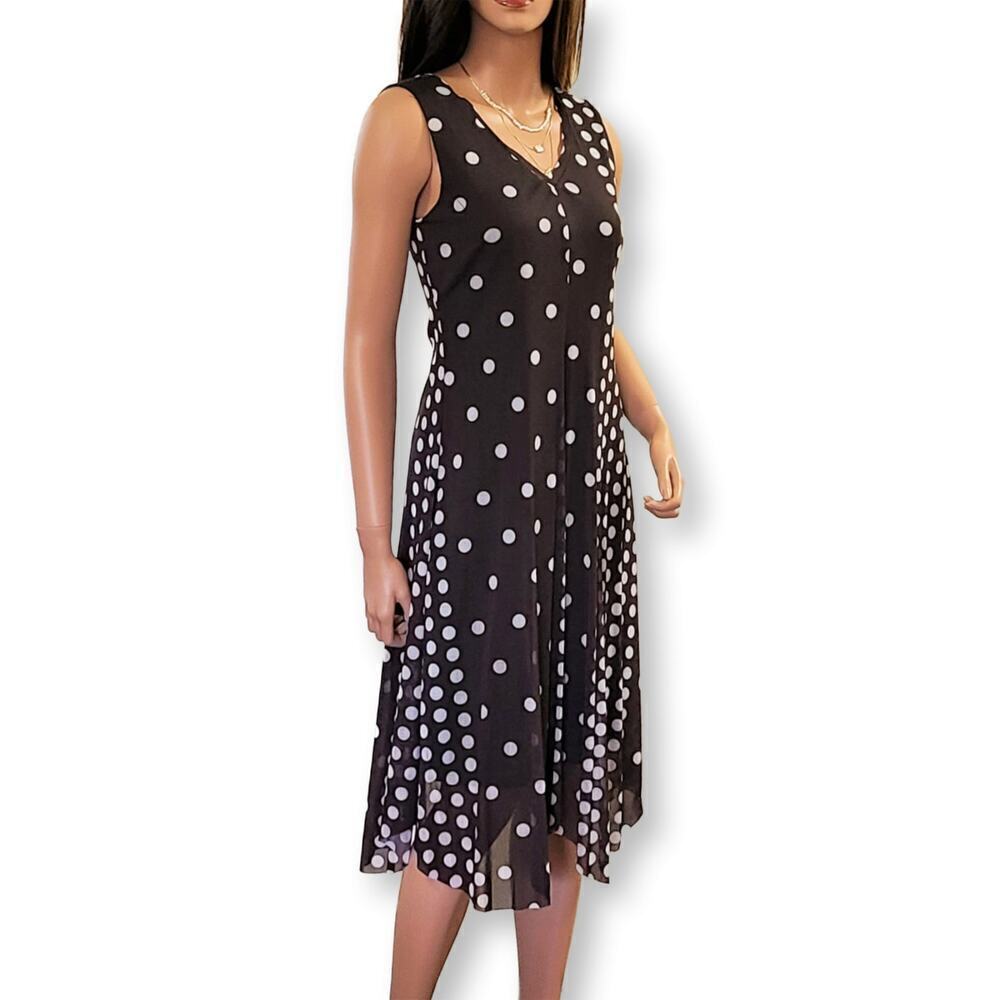 New T TAHARI Women's Polka Dot Print Sharkbite Hem Mesh Overlay Midi Dress